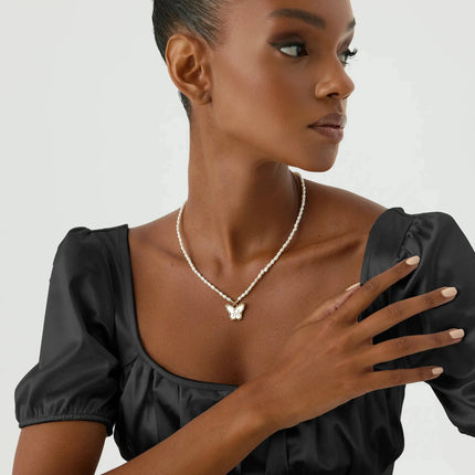 Butterfly Initial Pendant with Freshwater Pearls Beaded Necklace, 18K Gold-Plated Sterling Silver - Dabas Minimalist