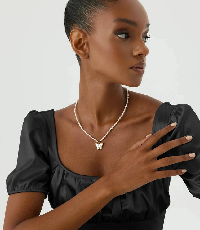 Butterfly Initial Pendant with Freshwater Pearls Beaded Necklace, 18K Gold-Plated Sterling Silver - Dabas Minimalist