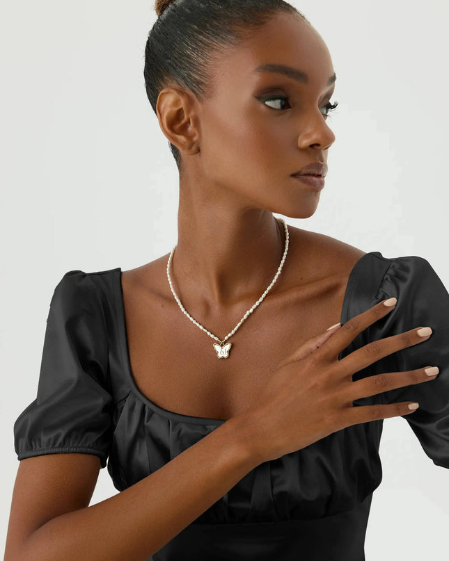 Butterfly Initial Pendant with Freshwater Pearls Beaded Necklace, 18K Gold-Plated Sterling Silver - Dabas Minimalist