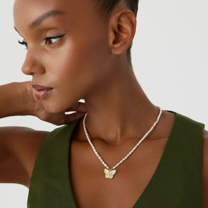 Butterfly Initial Pendant with Freshwater Pearls Beaded Necklace, 18K Gold-Plated Sterling Silver - Dabas Minimalist