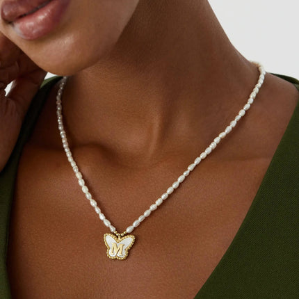 Butterfly Initial Pendant with Freshwater Pearls Beaded Necklace, 18K Gold-Plated Sterling Silver - Dabas Minimalist