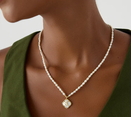 Freshwater Pearl Clover Pendant Initial Necklace – 18K Gold-Plated Sterling Silver Personalized Elegant Jewelry - Dabas Minimalist