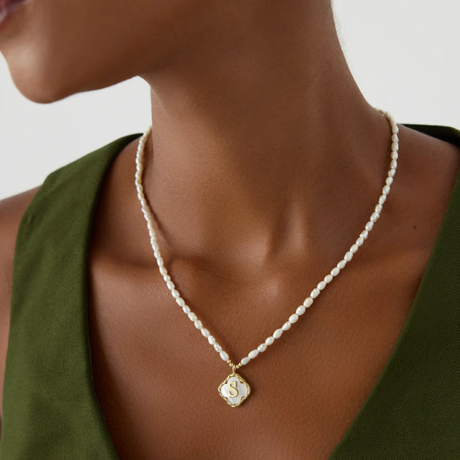 Freshwater Pearl Clover Pendant Initial Necklace – 18K Gold-Plated