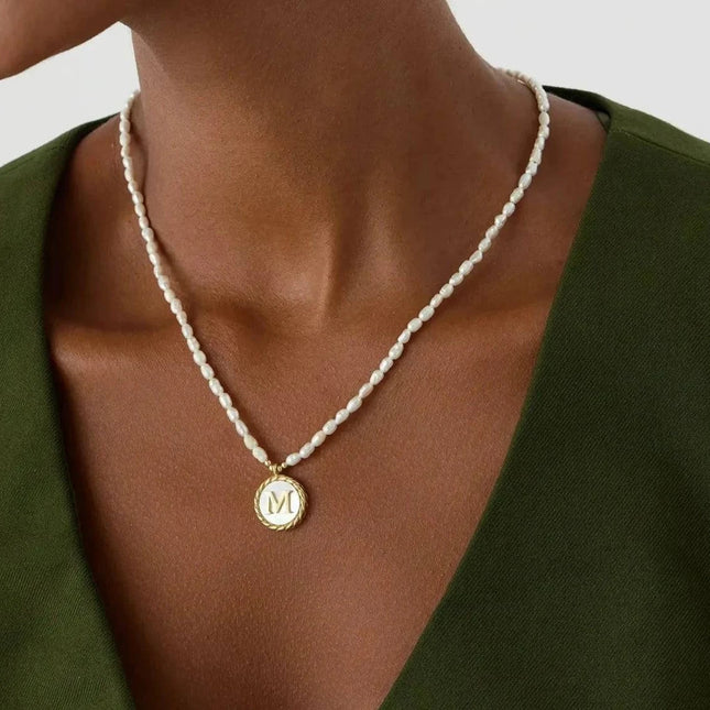 Freshwater Pearl Initial Pendant Necklace – 18K Gold-Plated Sterling Silver - Dabas Minimalist