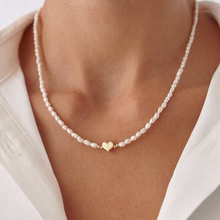 Gold Heart and Freshwater Pearl Necklace – 925K Sterling Silver Elegance Dabas Minimalist