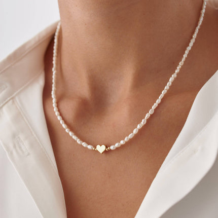 Gold Heart and Freshwater Pearl Necklace – 925K Sterling Silver Elegance Dabas Minimalist
