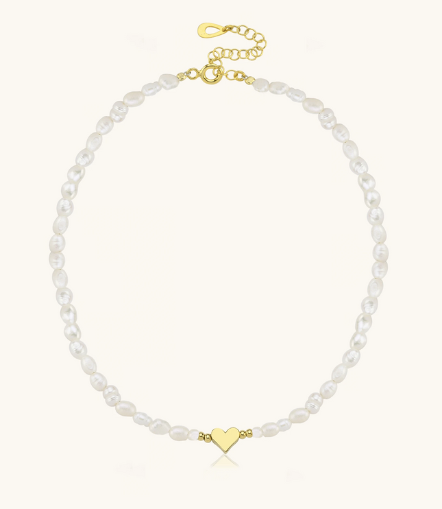 Gold Heart and Freshwater Pearl Necklace – 925K Sterling Silver Elegance Dabas Minimalist