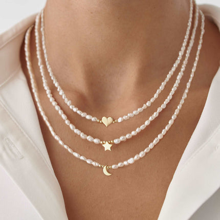 Moon and Freshwater Pearl Necklace – 925K Sterling Silver with 18K Gold-Plating - Dabas Minimalist