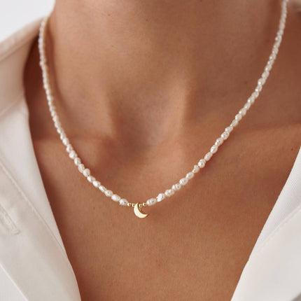 Moon and Freshwater Pearl Necklace – 925K Sterling Silver with 18K Gold-Plating - Dabas Minimalist