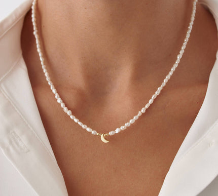 Moon and Freshwater Pearl Necklace – 925K Sterling Silver with 18K Gold-Plating - Dabas Minimalist