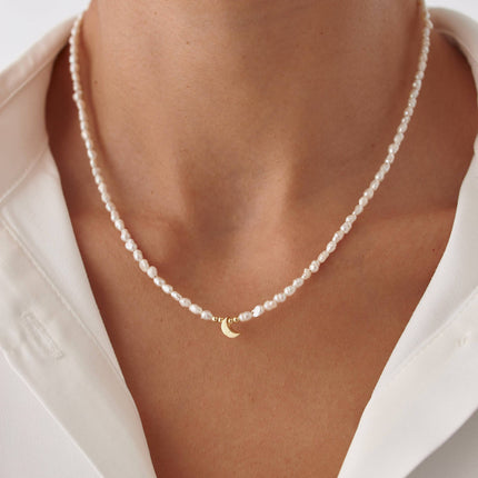 Moon and Freshwater Pearl Necklace – 925K Sterling Silver with 18K Gold-Plating - Dabas Minimalist