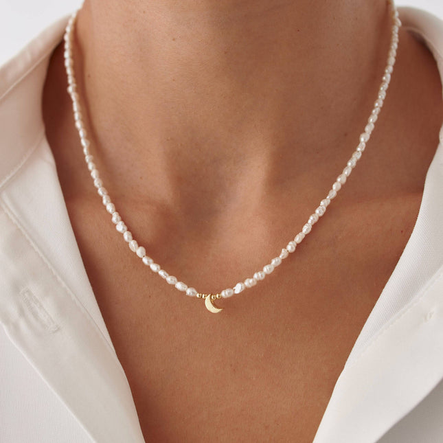 Moon and Freshwater Pearl Necklace – 925K Sterling Silver with 18K Gold-Plating - Dabas Minimalist