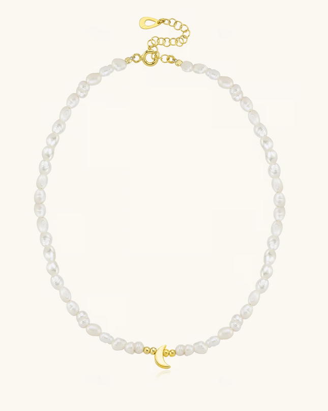 Moon and Freshwater Pearl Necklace – 925K Sterling Silver with 18K Gold-Plating - Dabas Minimalist