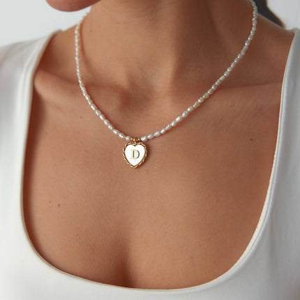 Mother of Pearl Heart Pendant Initial Necklace with Pearl Beaded, 18K Gold-Plated Sterling Silver - Dabas Minimalist
