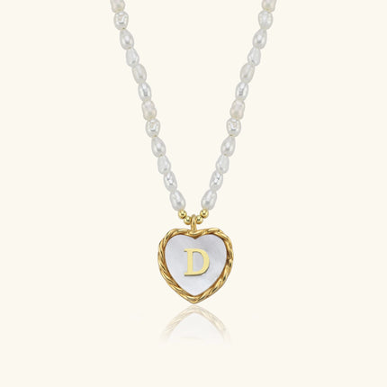 Mother of Pearl Heart Pendant Initial Necklace with Pearl Beaded, 18K Gold-Plated Sterling Silver - Dabas Minimalist