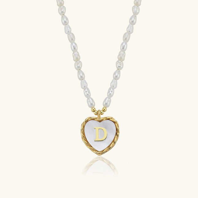Mother of Pearl Heart Pendant Initial Necklace with Pearl Beaded, 18K Gold-Plated Sterling Silver - Dabas Minimalist