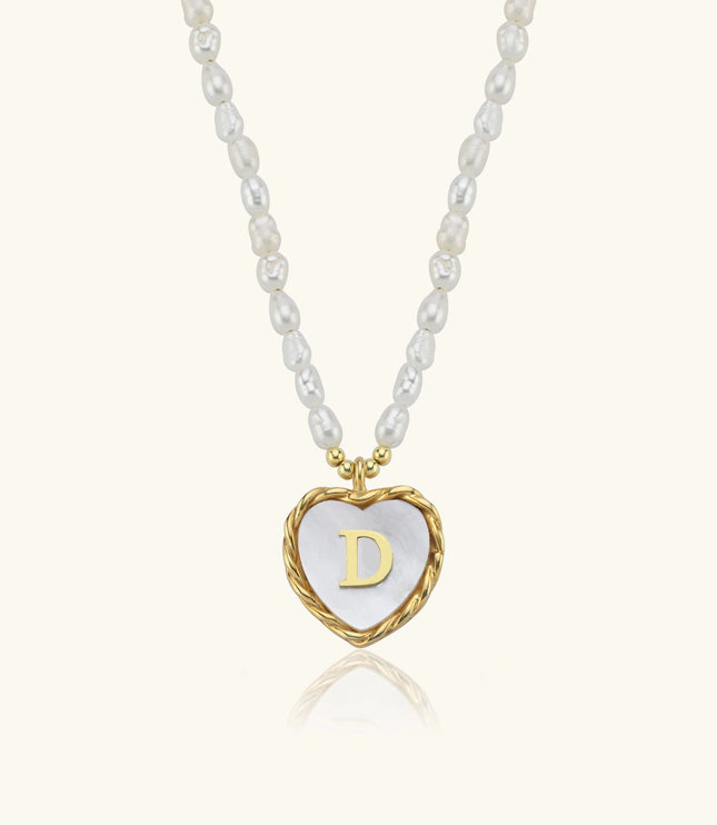 Mother of Pearl Heart Pendant Initial Necklace with Pearl Beaded, 18K Gold-Plated Sterling Silver - Dabas Minimalist