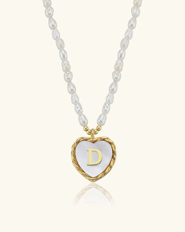 Mother of Pearl Heart Pendant Initial Necklace with Pearl Beaded, 18K Gold-Plated Sterling Silver - Dabas Minimalist