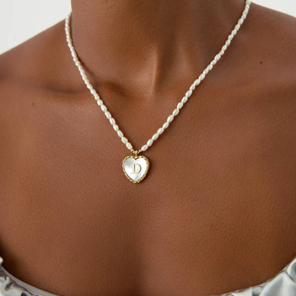 Mother of Pearl Heart Pendant Initial Necklace with Pearl Beaded, 18K Gold-Plated Sterling Silver - Dabas Minimalist