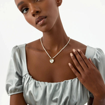 Mother of Pearl Heart Pendant Initial Necklace with Pearl Beaded, 18K Gold-Plated Sterling Silver - Dabas Minimalist