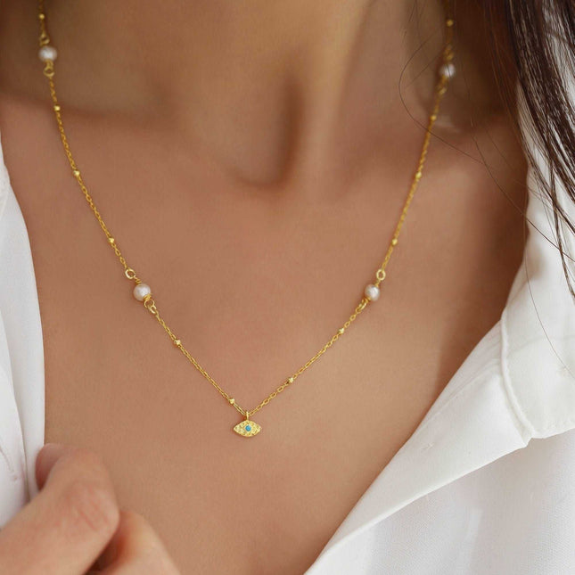 Minimalist Handmade Evil Eye Pearl Chain Necklace - Dabas Minimalist