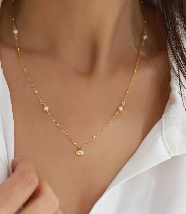 Minimalist Handmade Evil Eye Pearl Chain Necklace - Dabas Minimalist