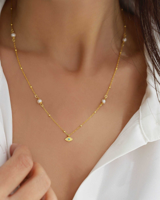 Minimalist Handmade Evil Eye Pearl Chain Necklace - Dabas Minimalist