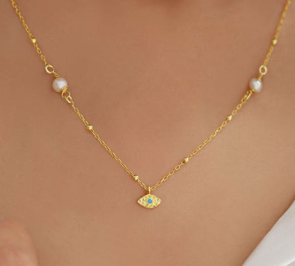 Minimalist Handmade Evil Eye Pearl Chain Necklace - Dabas Minimalist
