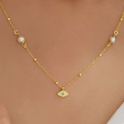 Minimalist Handmade Evil Eye Pearl Chain Necklace - Dabas Minimalist