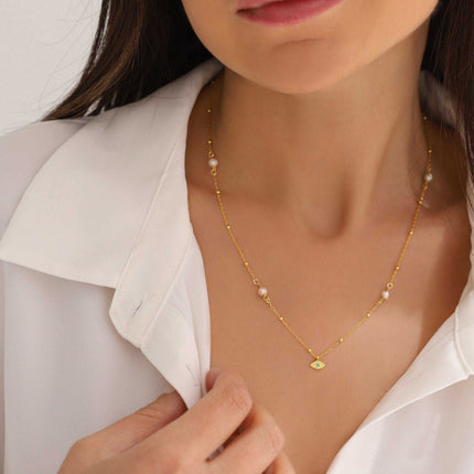 Minimalist Handmade Evil Eye Pearl Chain Necklace - Dabas Minimalist