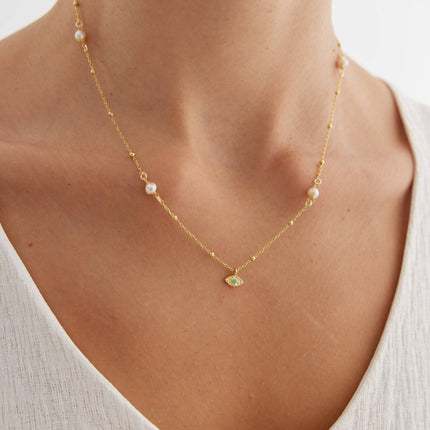 Minimalist Handmade Evil Eye Pearl Chain Necklace - Dabas Minimalist