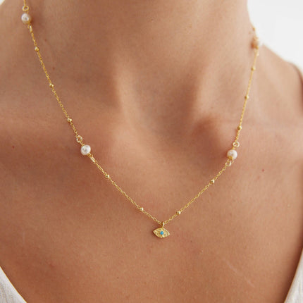 Minimalist Handmade Evil Eye Pearl Chain Necklace - Dabas Minimalist