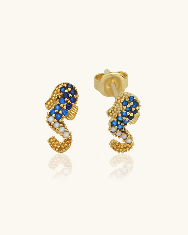Seahorse Earrings with CZ Colorful Stones, 18K Gold-Plated Sterling Silver - Dabas Minimalist