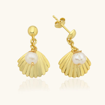 Seashell Earrings with Freshwater Pearl, 18K Gold-Plated Sterling Silver - Dabas Minimalist