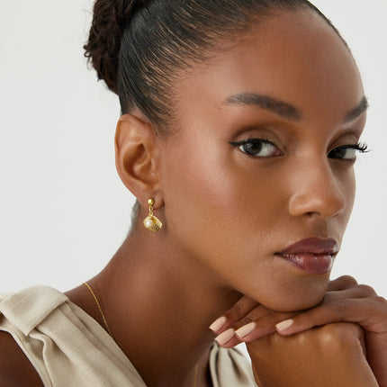 Seashell Earrings with Freshwater Pearl, 18K Gold-Plated Sterling Silver - Dabas Minimalist