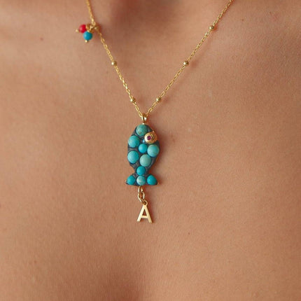 Turquoise Fish Necklace – 18K Gold-Plated Sterling Silver with Personalized Charm - Dabas Minimalist