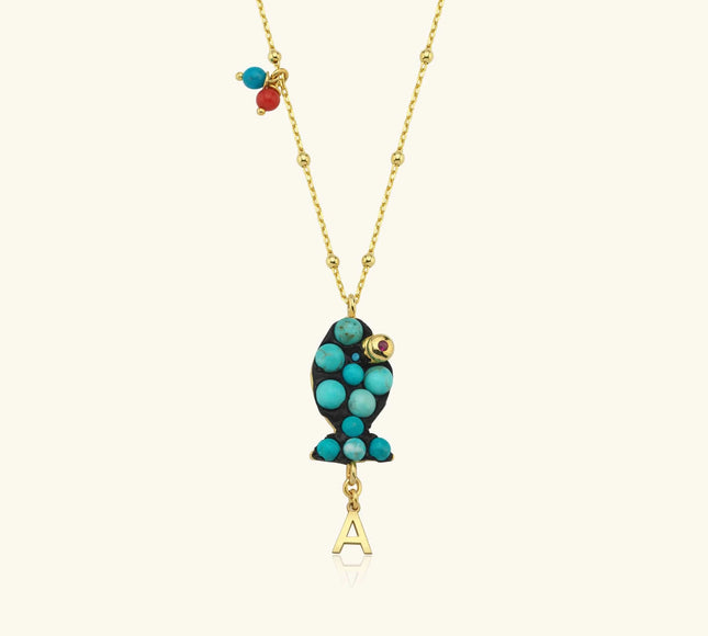 Turquoise Fish Necklace – 18K Gold-Plated Sterling Silver with Personalized Charm - Dabas Minimalist