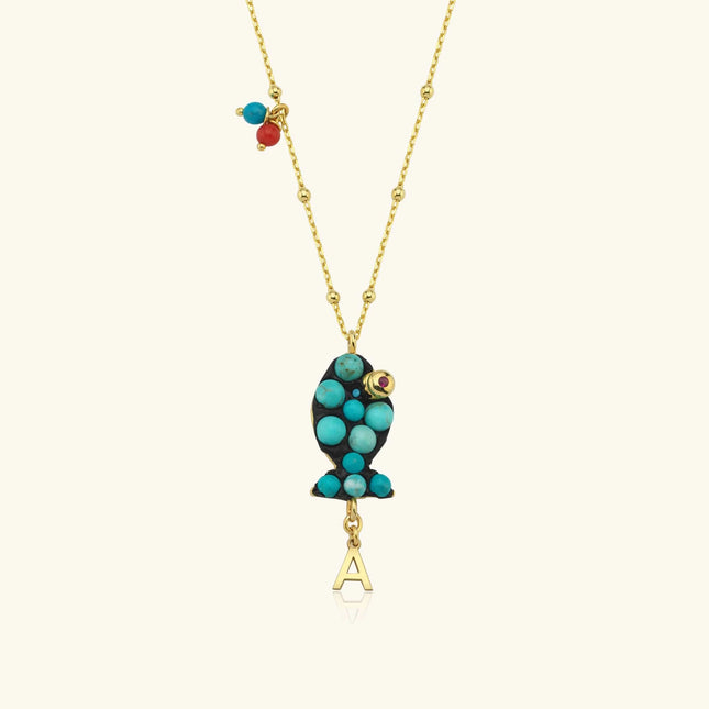 Turquoise Fish Necklace – 18K Gold-Plated Sterling Silver with Personalized Charm - Dabas Minimalist