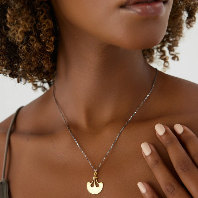 Ginkgo Leaf Pendant Necklace, 18K Gold-Plated Oxidized Sterling Silver - Dabas Minimalist