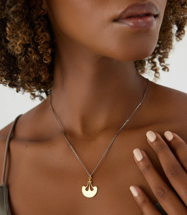 Ginkgo Leaf Pendant Necklace, 18K Gold-Plated Oxidized Sterling Silver - Dabas Minimalist