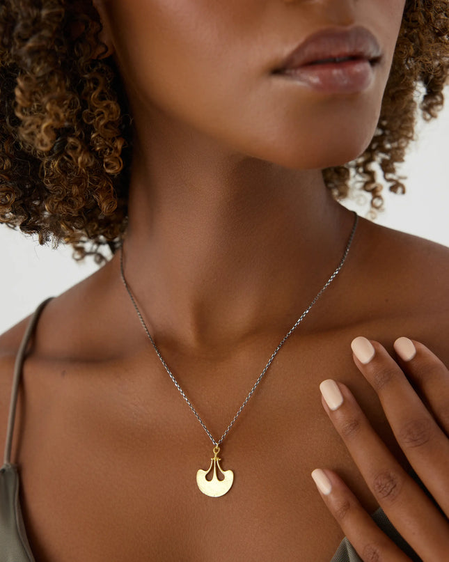 Ginkgo Leaf Pendant Necklace, 18K Gold-Plated Oxidized Sterling Silver - Dabas Minimalist