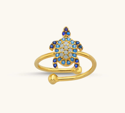 Turtle Ring with CZ Colorful Stones, 18K Gold-Plated Sterling Silver - Dabas Minimalist