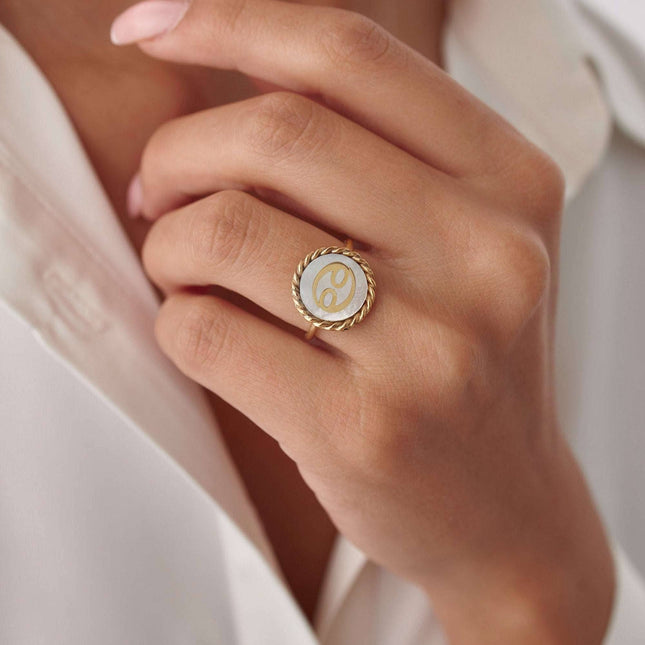 Personalized Mother of Pearl Zodiac Coin Ring Dabas Minimalist