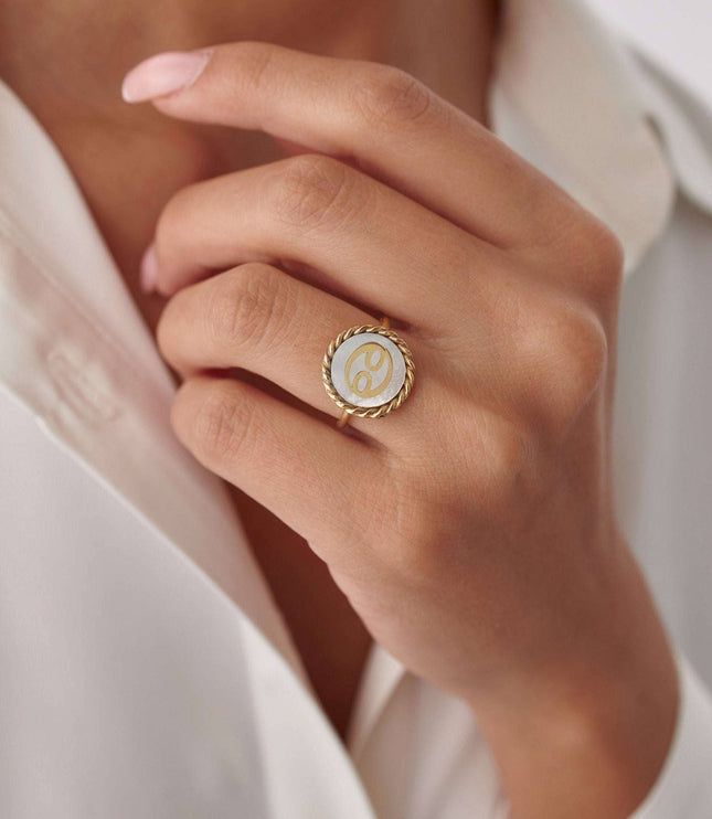 Personalized Mother of Pearl Zodiac Coin Ring Dabas Minimalist