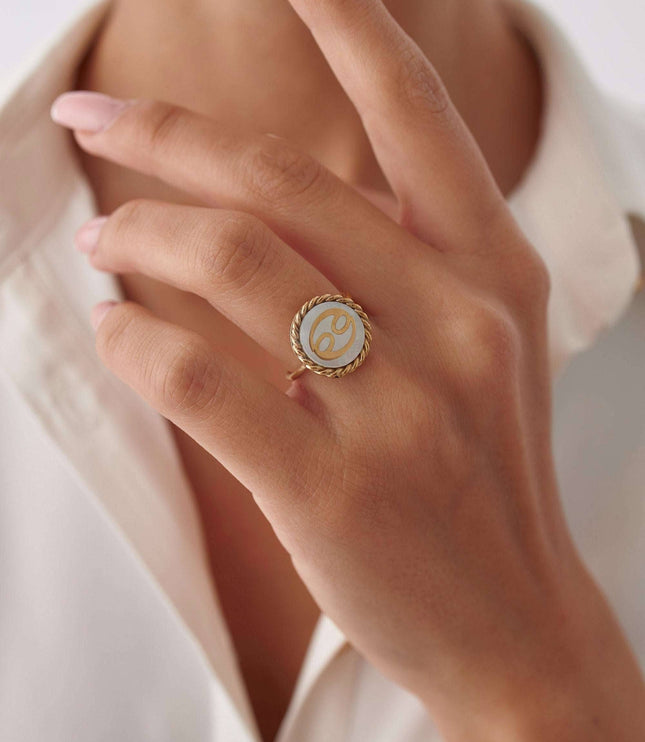 Personalized Mother of Pearl Zodiac Coin Ring Dabas Minimalist