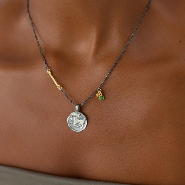 Ancient Zodiac Sign Necklace with Birthstone, 18K Gold-Plated Oxidized Sterling Silver - Dabas Minimalist