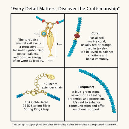 Turquoise Beaded Fish Charm Necklace – 18K Gold-Plated Sterling Silver