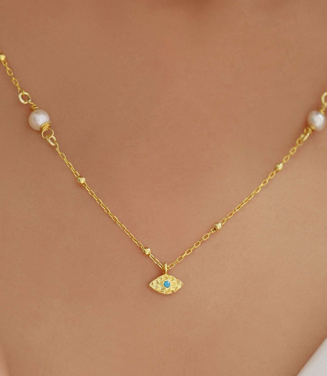 18k Gold Handmade Initial Pearl Necklace with Evil Eye