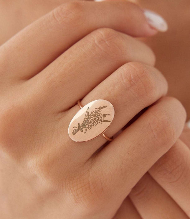 Midi Birth Flower Ring, Flower Signet Ring, Wildflower Ring, Birth Flower Jewelry, Oval Signet Ring, Custom Signet Ring, Silver Signet Ring