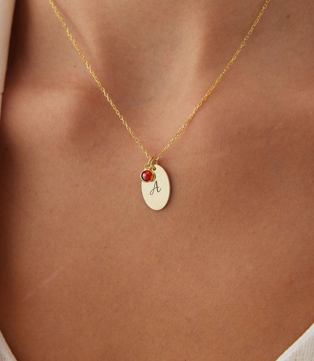 Dainty Oval Plate Necklace with Birthstone | Initial Custom Letter Necklace